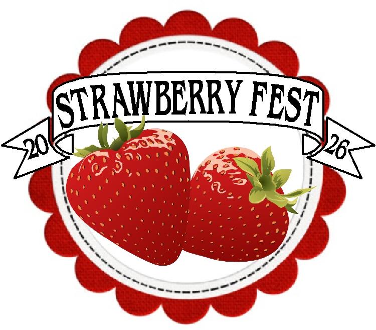 Strawberry Fest logo with two strawberries and a red border on a white background showcasing the text "Strawberry Fest, 2026"