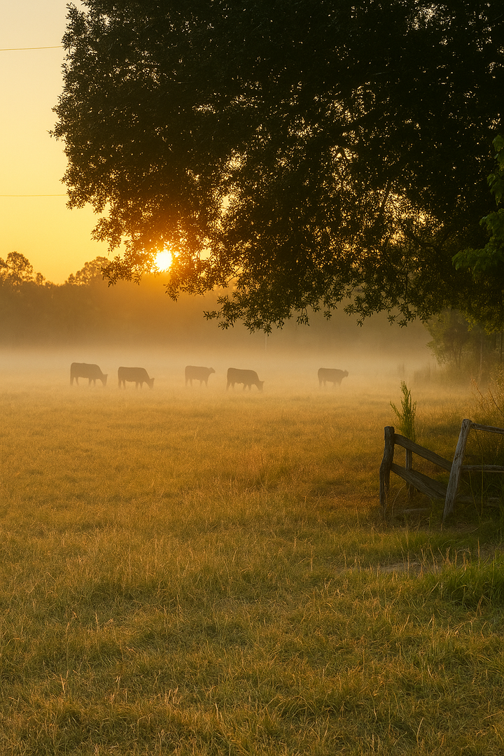 A misty, field with a wooden fence and an oak tree overhanging part of the field. Pine trees silhouetted in the background and 5 black cows grazing in the field. The sun is golden and just rising above the pine trees. 