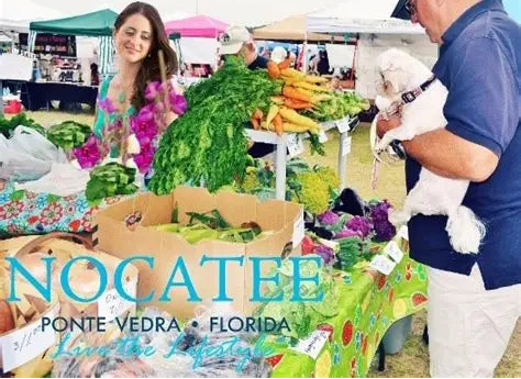 People at a farmers market, specifically at a vegetable stand with text about Nocatee, Ponte Vedra, Florida to promote the Nocatee location and farmers market.