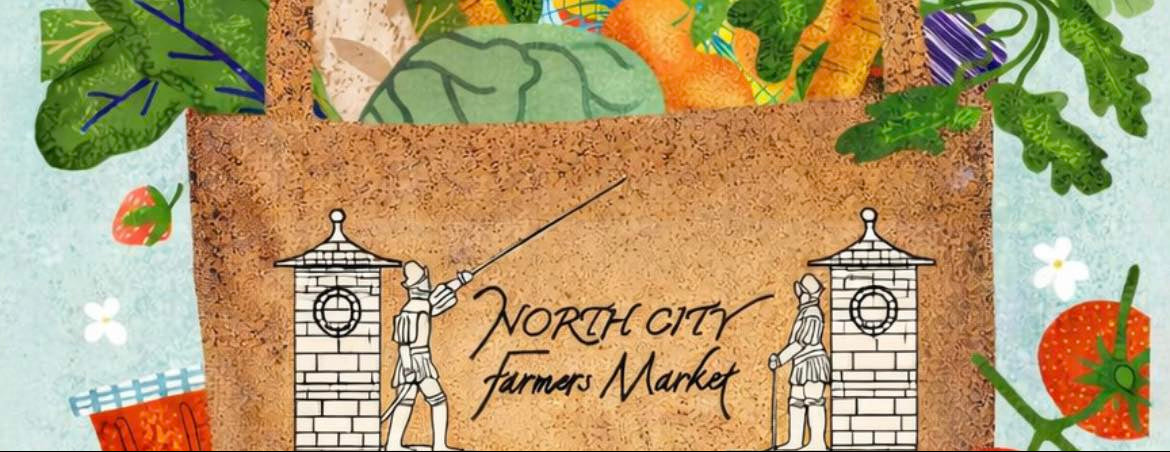 Illustration of a bag filled with vegetables and fruits with 'North City Farmers Market' text on a light blue background.